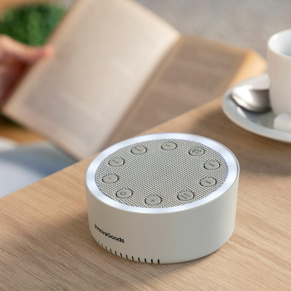 InnovaGoods® Máquina de Relajación con Luz y Sonido para Dormir, 2 modos de iluminación Fija o secuencial, 6 sonidos predefinidos, Maquina de relajacion Apagado automático.