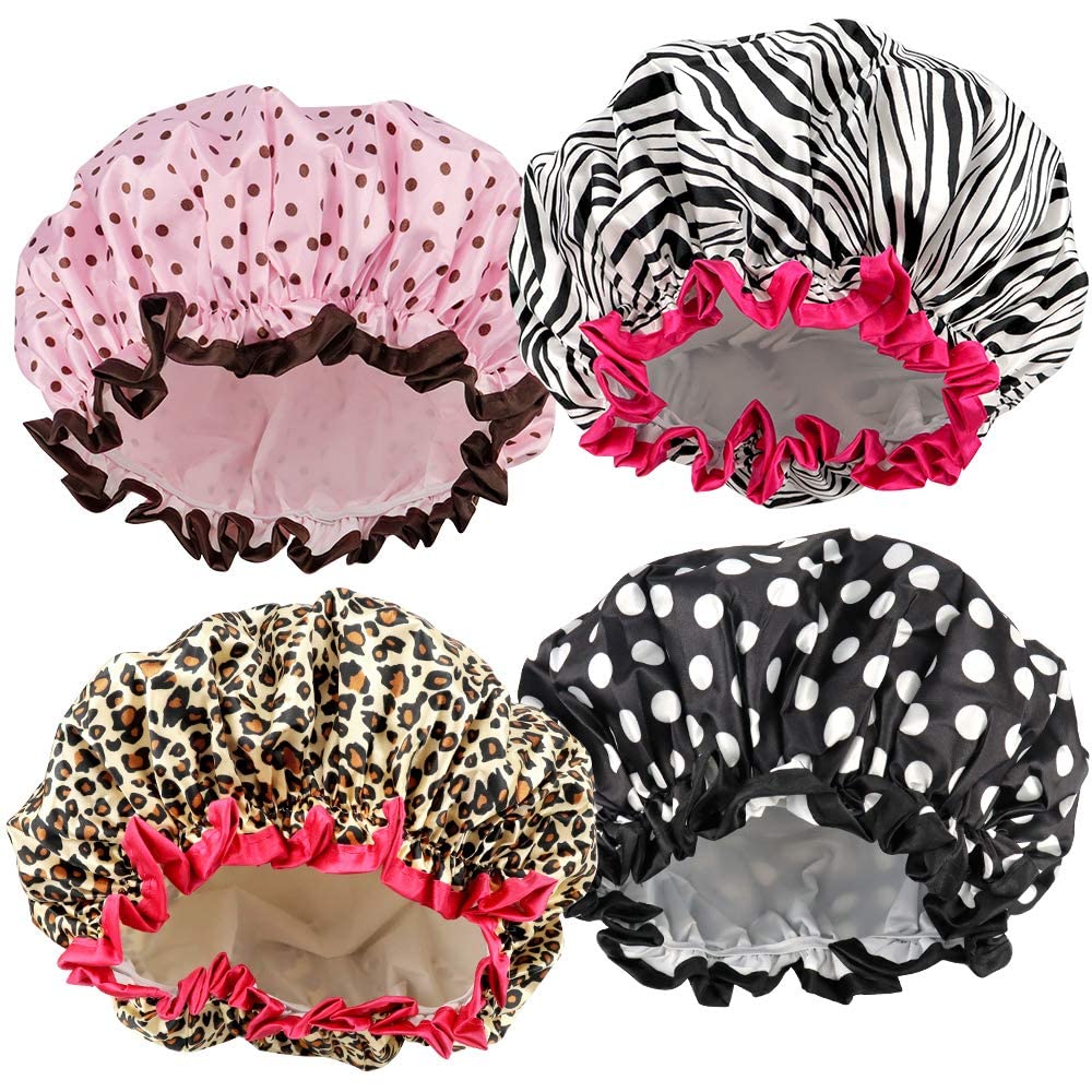 Lonimia 4 Pcs Shower Cap for Women,Environmental Protection Hair Bath Caps,Elastic and Reusable,Double Waterproof Layers Bathing Hat