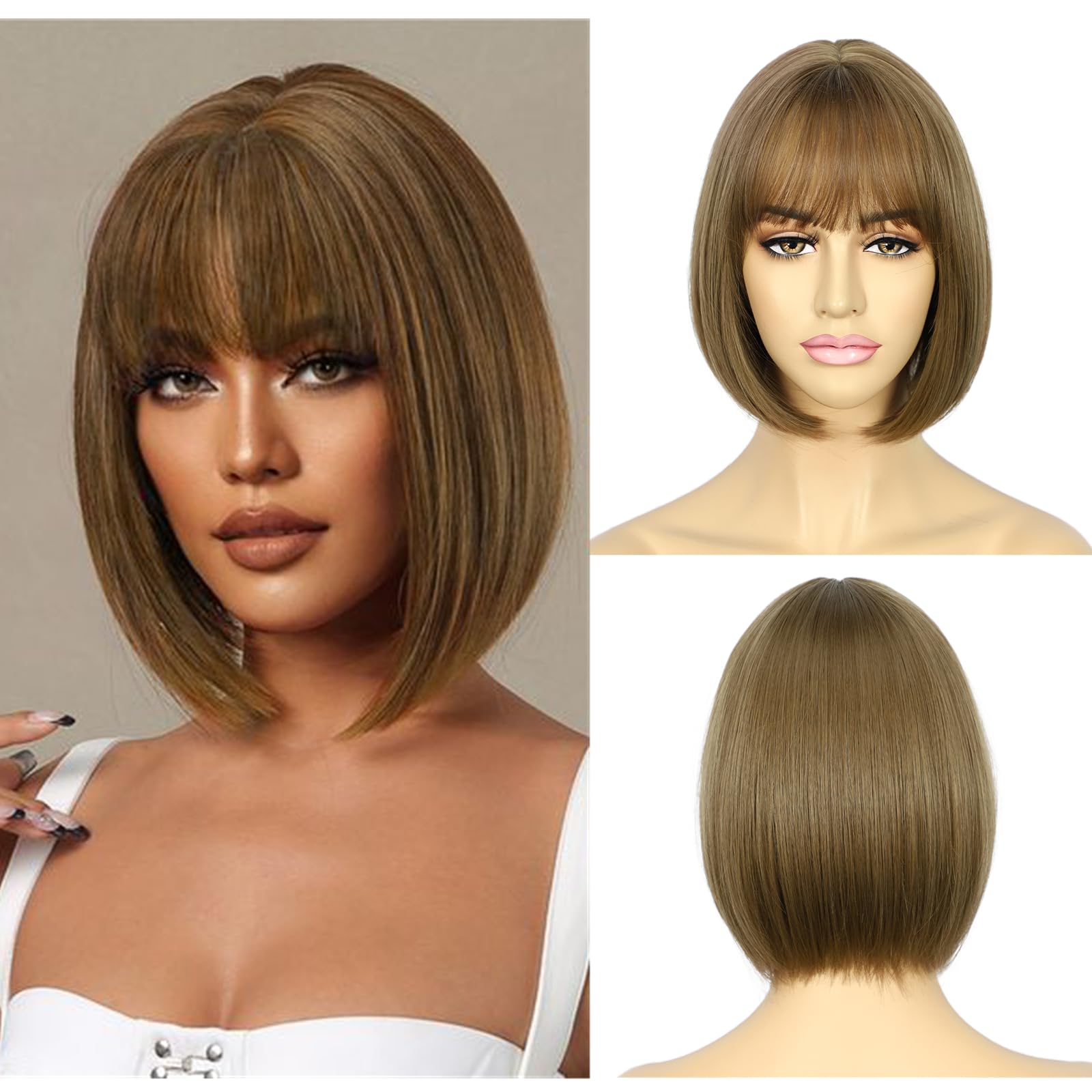 Sapphirewigs Brown Bob Wigs for Women Brown Bob Wig with Bangs Short Hair Daily Party Natural Looking 12 inch