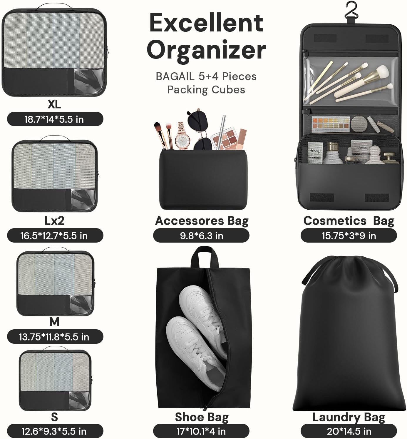 BAGAIL 9 Set Packing Cubes with Packing List Luggage Packing Organizers for Travel Accessories (Black)