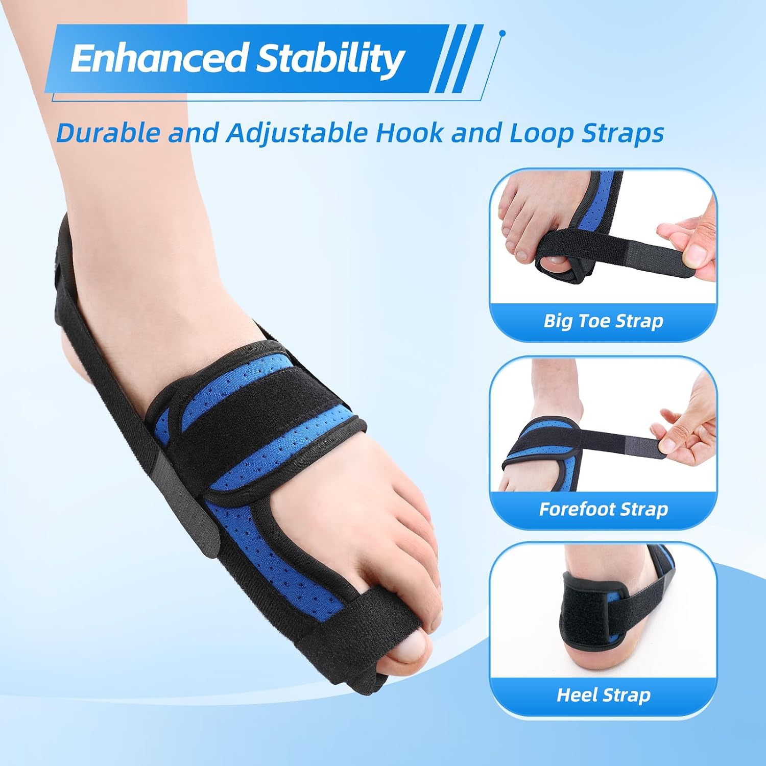 Big Toe Brace Splint for Broken, Turf Toe, Fracture, Arthritis, Sprains, Support for Women & Men, with 2 Removable Metal Plates - Blue Right