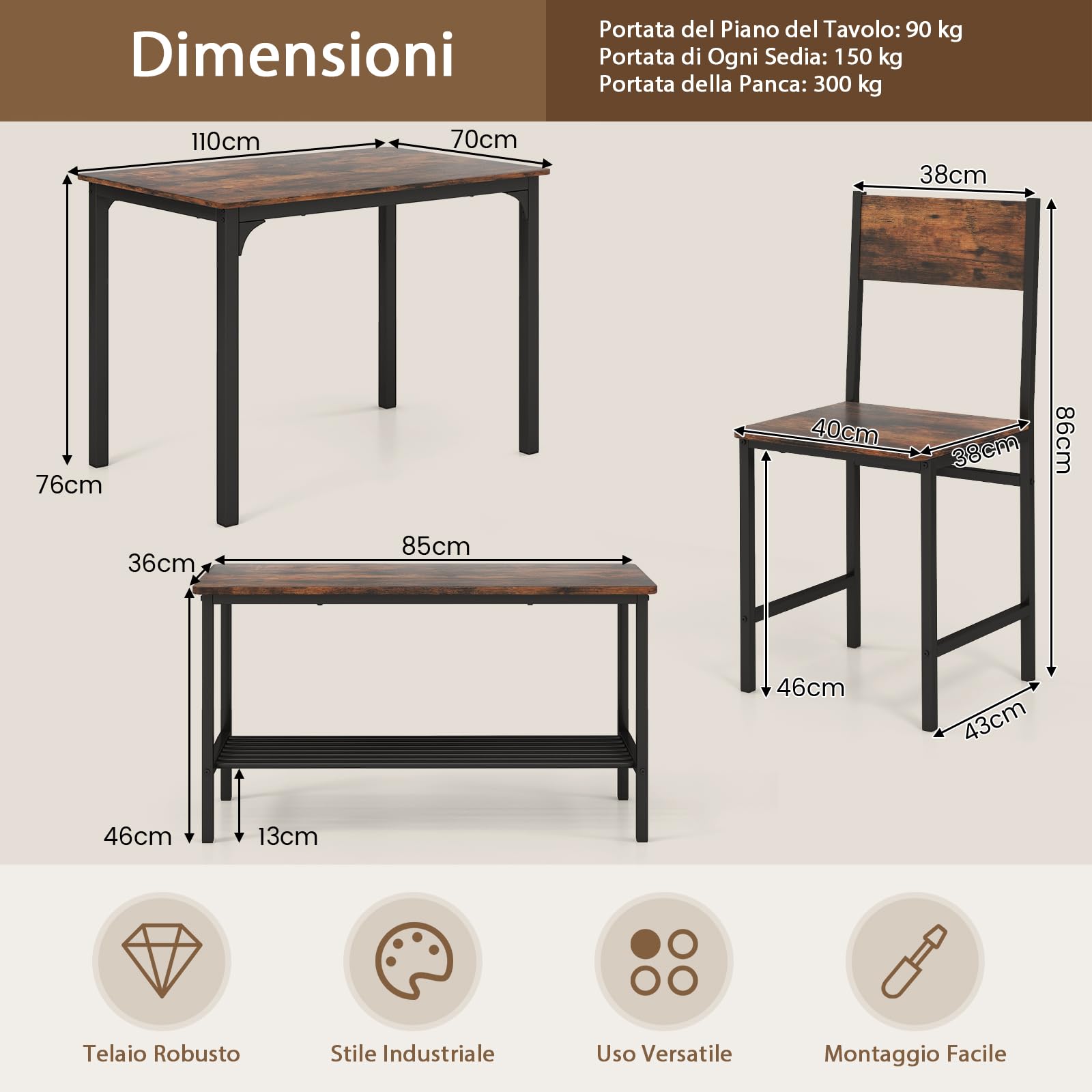 RELAX4LIFE Set Tavolo e Sedie da Cucina con Tavolo da P ranzo, Panca e 2 Sedie, 4 Posti, in Design Industriale gruppo sedute con Ripiano in MDF e Struttura in Metallo (marrone rustico)