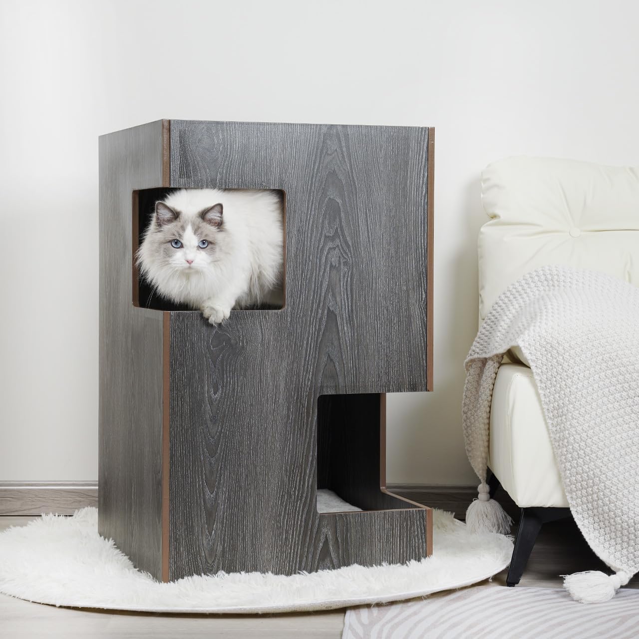 CanadianCat Company | Premium Katzenbett, Katzenhöhle Cat Castle Katzenturm mit Katzenhöhlen aus Holz, inkl. 3 Liegekissen, dunkelgrau, 50 x 50 x 80 cm