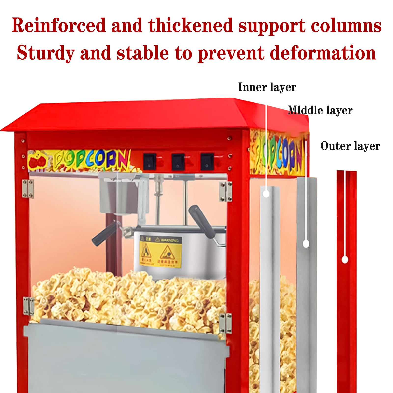 Máquina Comercial de Palomitas de Maíz con Caldero de 10 Oz y Luz de Calentamiento, 1400W, para Hogar, Cine y Negocios, Estilo Cine con Control de 3 Interruptores Flat-top