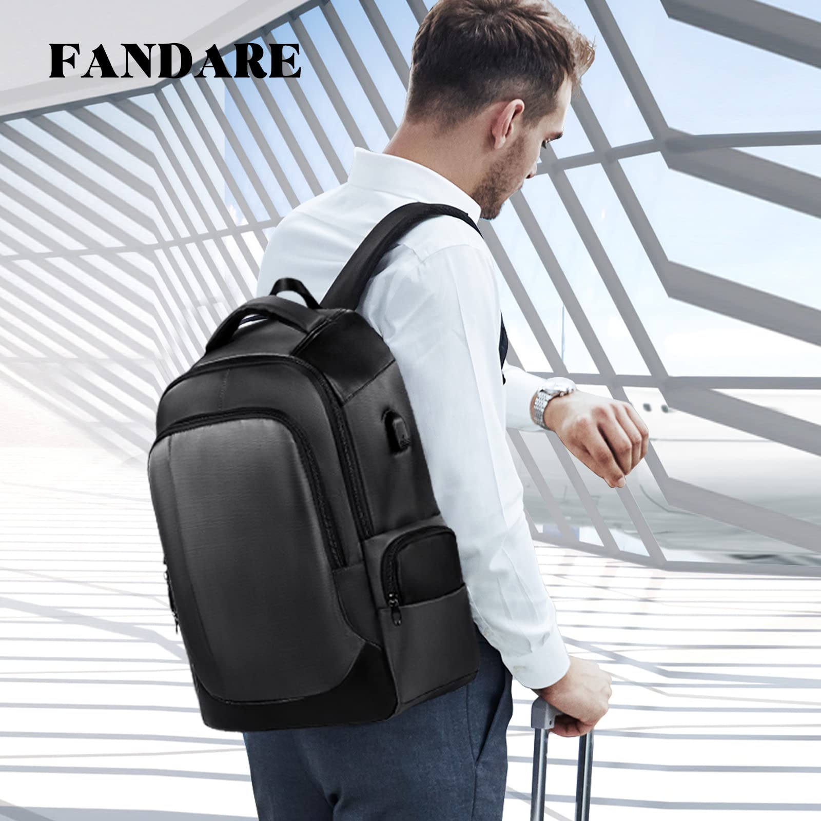 FANDARE Zaino Unisex con Porta USB - Borsa per Computer 15.6 Pollici, Universitaria da Scuola e Lavoro, Impermeabile Poliestere Nero