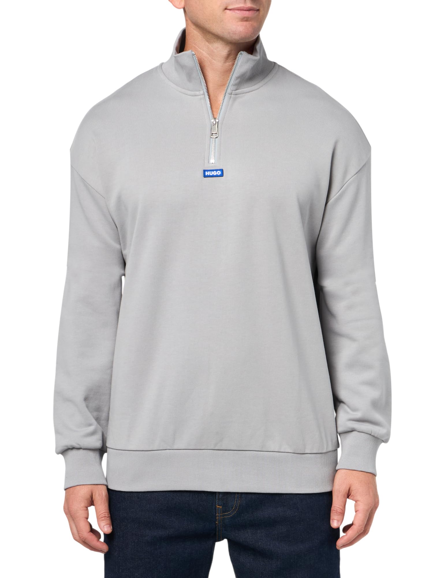 HUGO Men's Twill French Terry Quarter Zip Sweatshirt, High Rise Grey, S