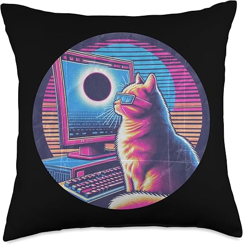 Cat Solar Eclipse - Synthwave Retro Poster Style Throw Pillow
