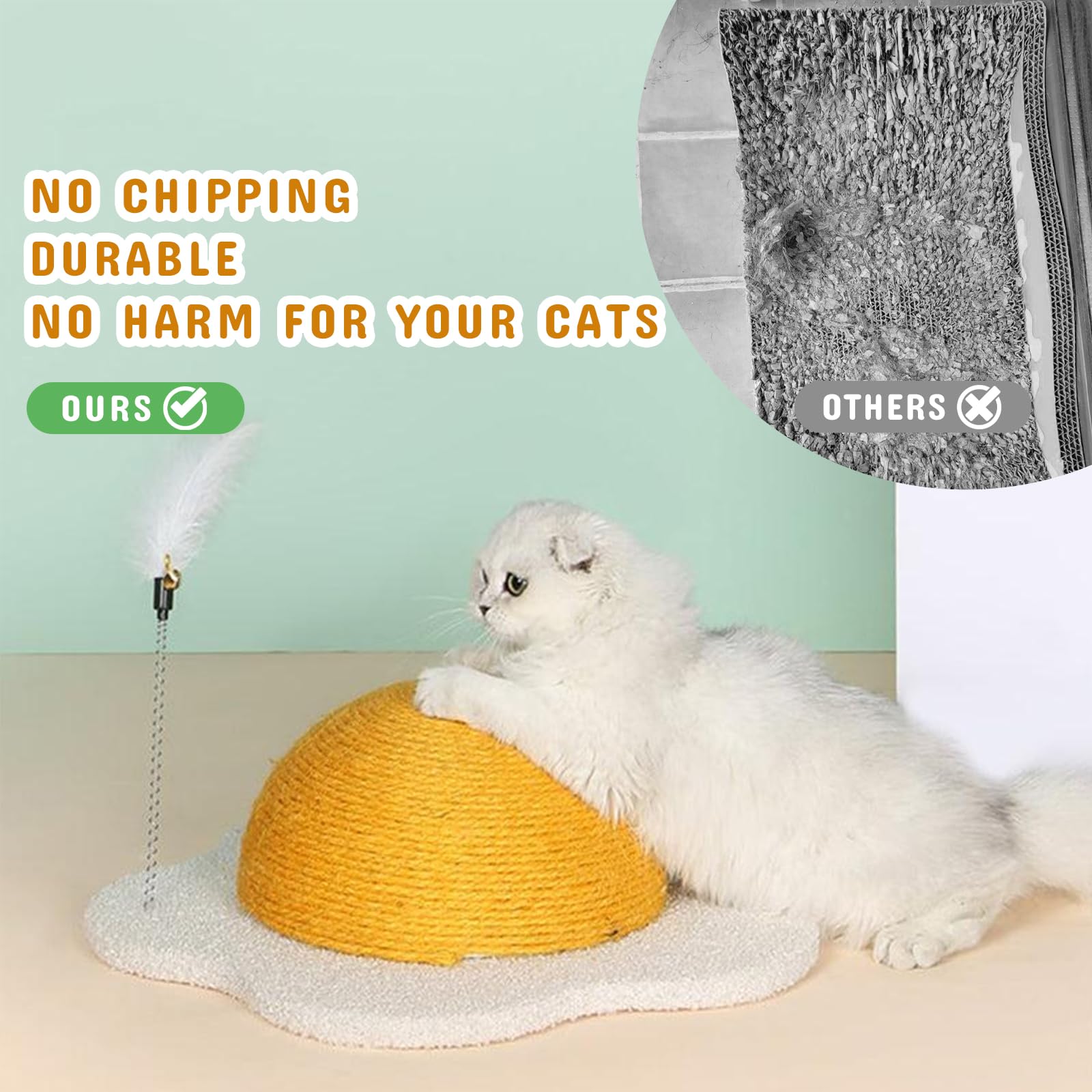 Happy&Polly Egg Cat Scratcher – Handcrafted Sisal Scratching Board with Teaser Wand, Anti-Slip Base, Durable and Safe for Indoor Cats, L
