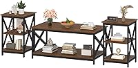 Vista 11 de Bigbiglife Juego de 3 mesas de centro para sala de estar, mesa auxiliar industrial de diseño X y 2 mesas auxiliares, juego de mesa de sala de estar