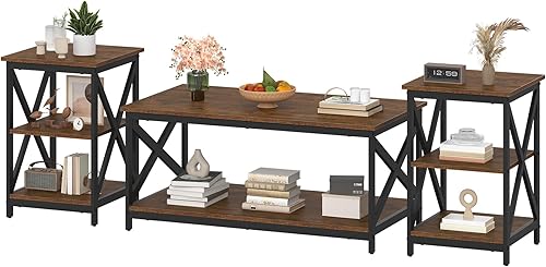 Miniatura 11 de Bigbiglife Juego de 3 mesas de centro para sala de estar, mesa auxiliar industrial de diseño X y 2 mesas auxiliares, juego de mesa de sala de estar