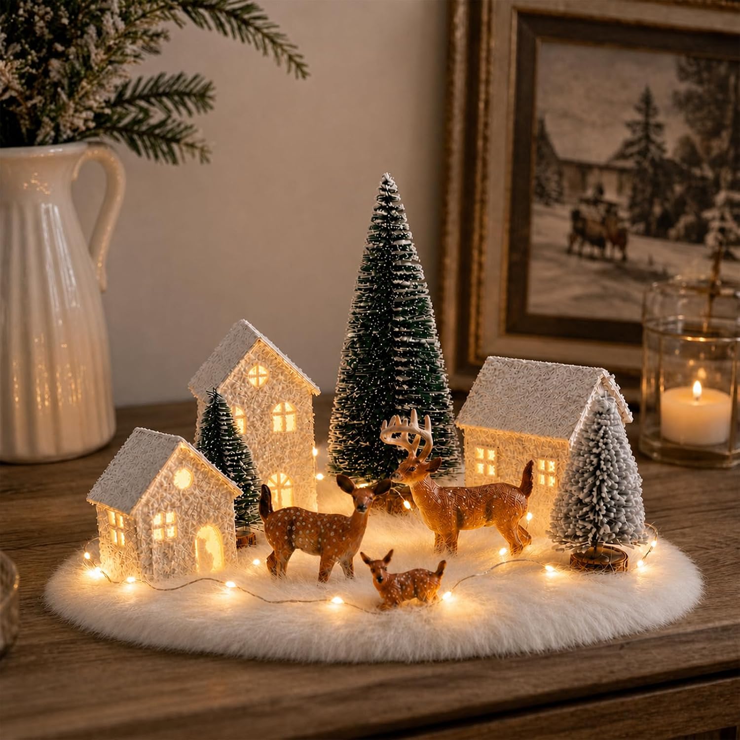 Thenshop 11 Pcs Christmas Village Set with Lights, for Table Centerpiece