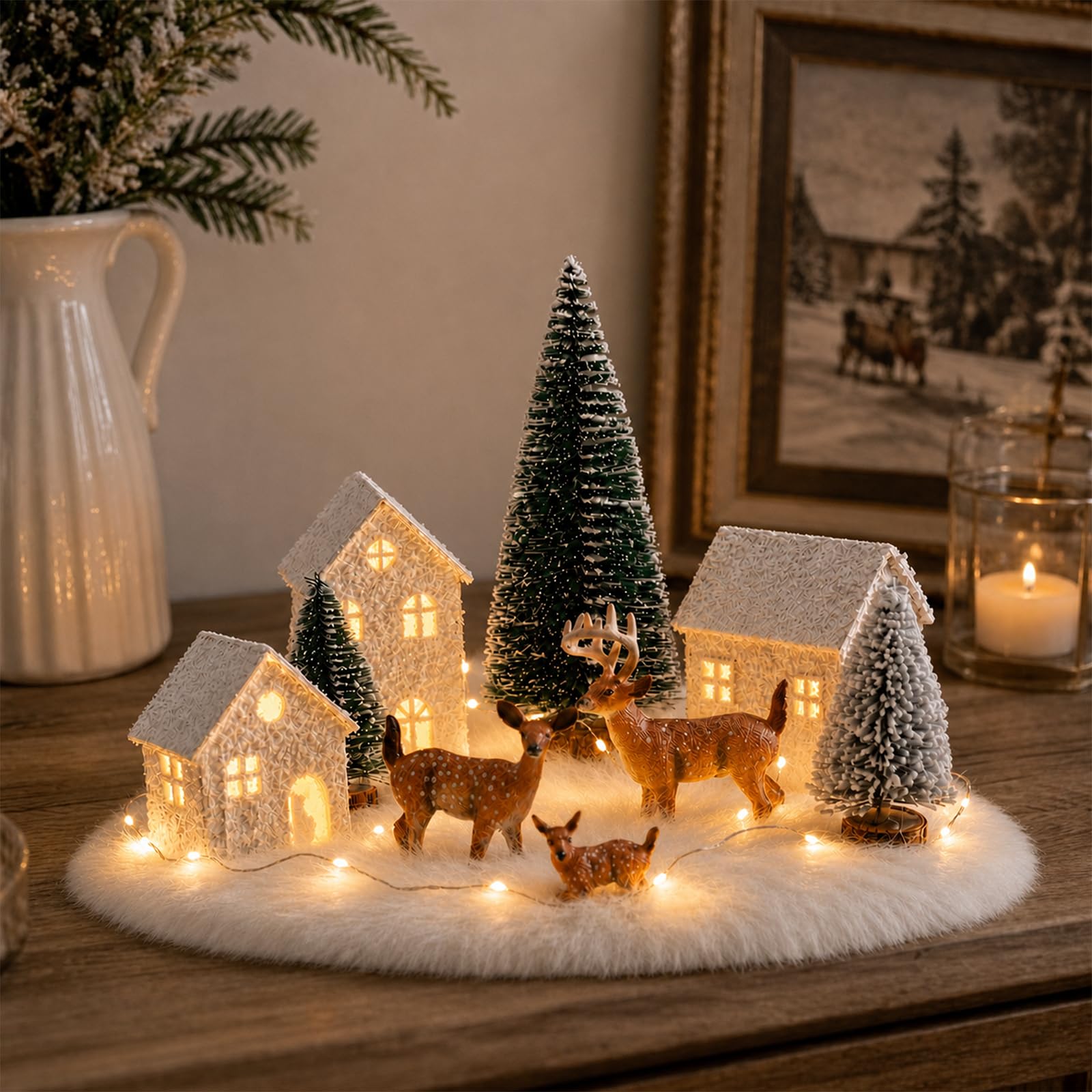 Thenshop Ensemble de village de Noël 11 pièces avec mini maisons, figurines de cerfs, arbres en sisal, couverture de neige et guirlandes lumineuses à DEL, décoration d'intérieur pour table de Noël