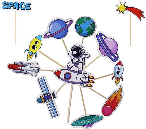 Miniatura 3 de Confetti! 24 piezas de decoración para cupcakes del espacio exterior, suministros de fiesta de planeta, decoraciones de cumpleaños, cohete