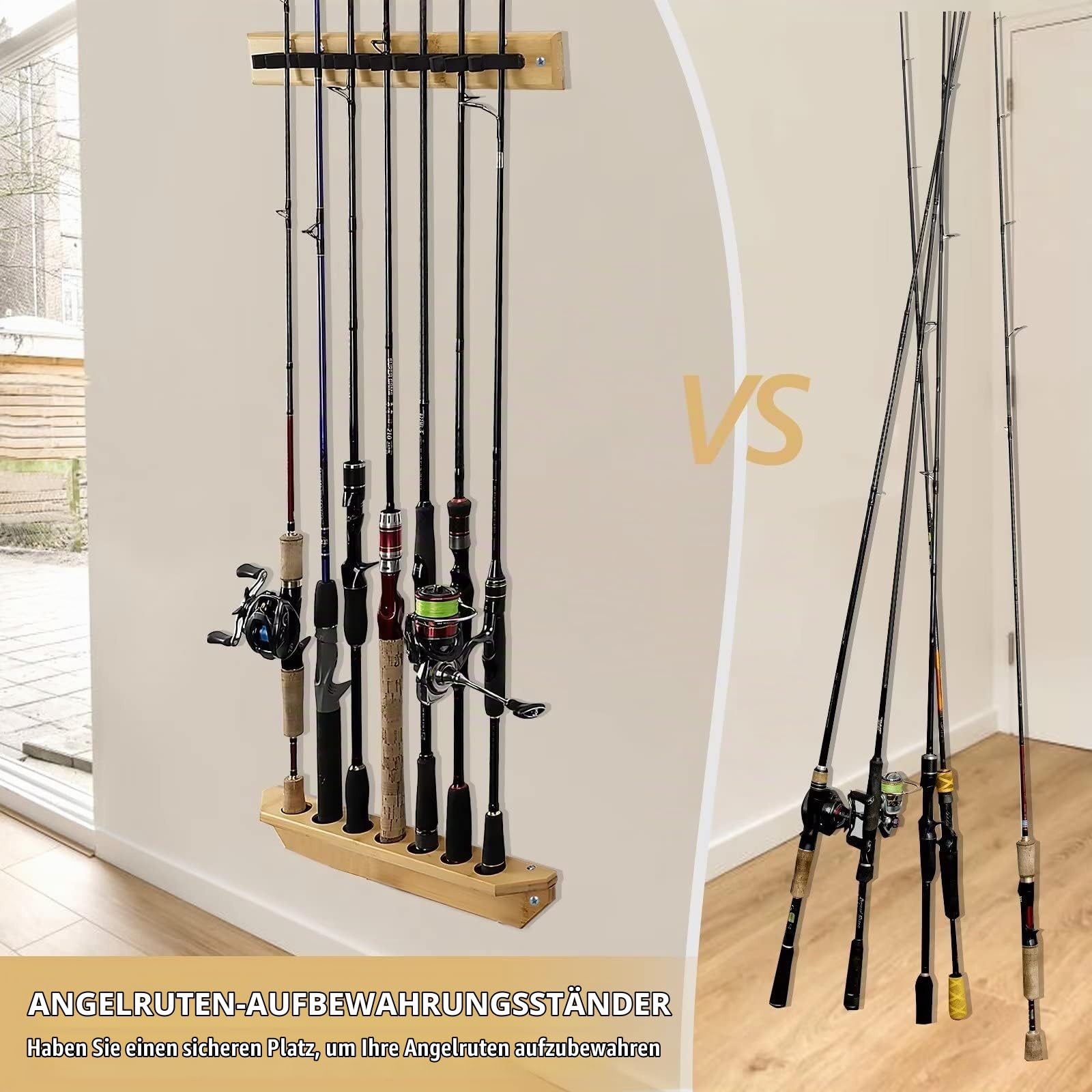 THKFISH Rutenständer Angelruten Angelrutenhalter für Garage Holz Angelstange Wand Rack Store 7 Angelrute Combos,1 Paar Vertikales