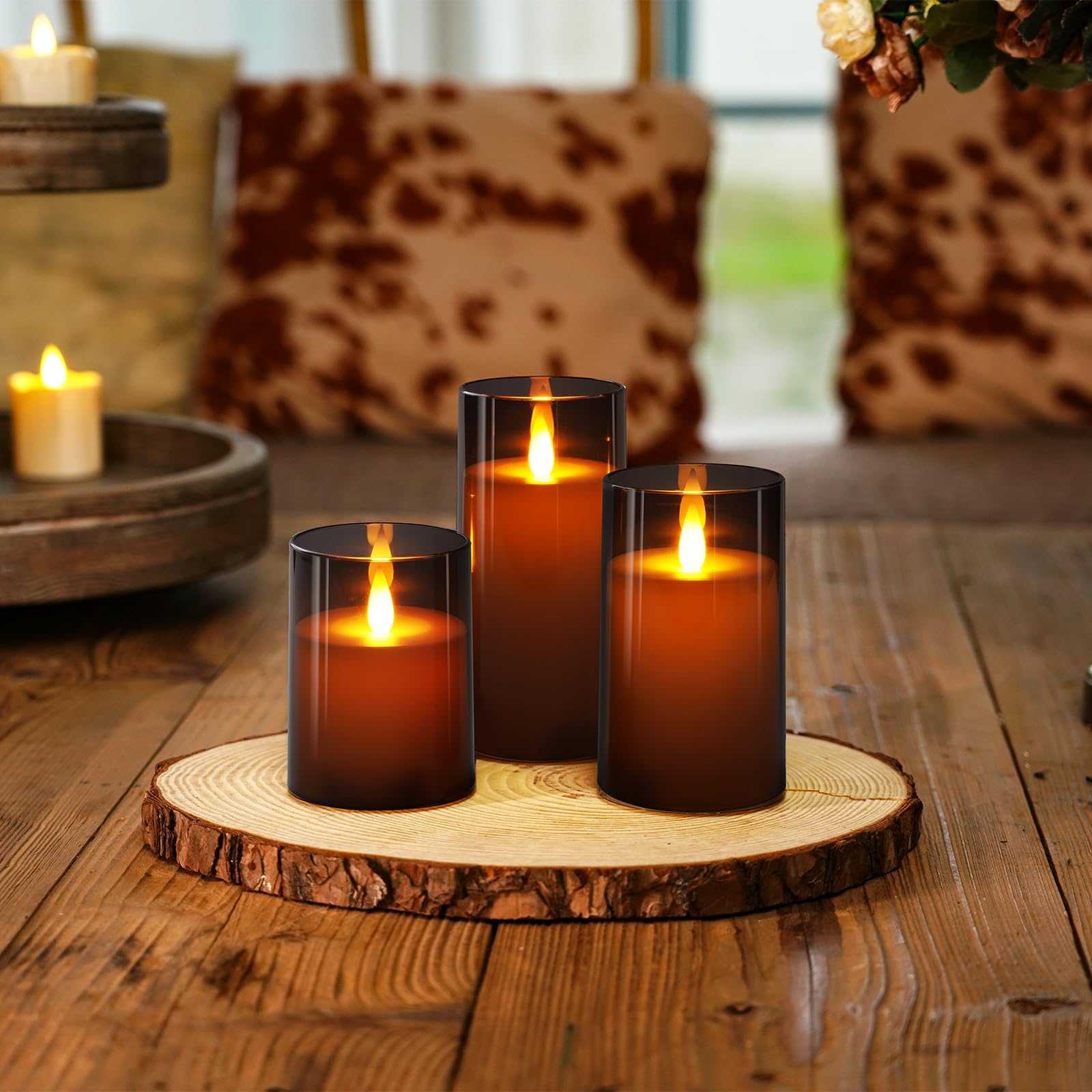 Homemory LED Elektrische Kerzen mit Fernbedienung & Timer, Batteriebetriebene Kerzen mit Flammen-Effekt, Perfekt für Weihnachtsdeko & Wohnzimmer, 3er Set Grau
