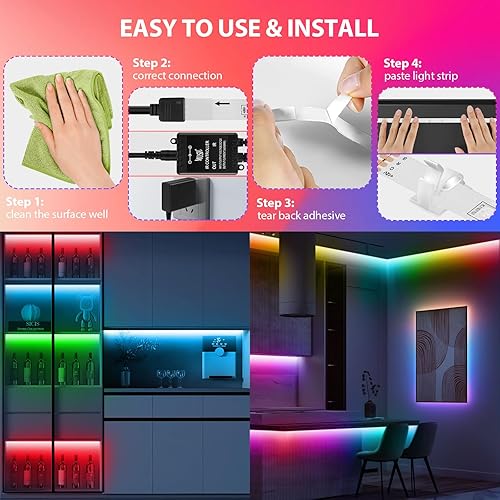 Miniatura 4 de Tira de luces LED de 65.6 pies (2 rollos de 32.8 pies), tira de luces regulables 5050 RGB que cambian de color con controladores remotos IR de 40
