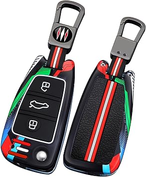 3 Buttons Zinc Alloy and Noctilucent Silicone Protection Cover Remote Key Fob Cover with Keychain Fit for Audi C5 C6 A1 A3 A4 A5 A6 A7 A8 A6L B6 B7 Key Case Shell Holder -Short Chain Black