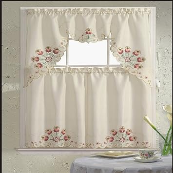 B&H Home Jackie Floral Embroidered 3-Piece Kitchen Curtain Window Treatment Set Jackie Burgundy