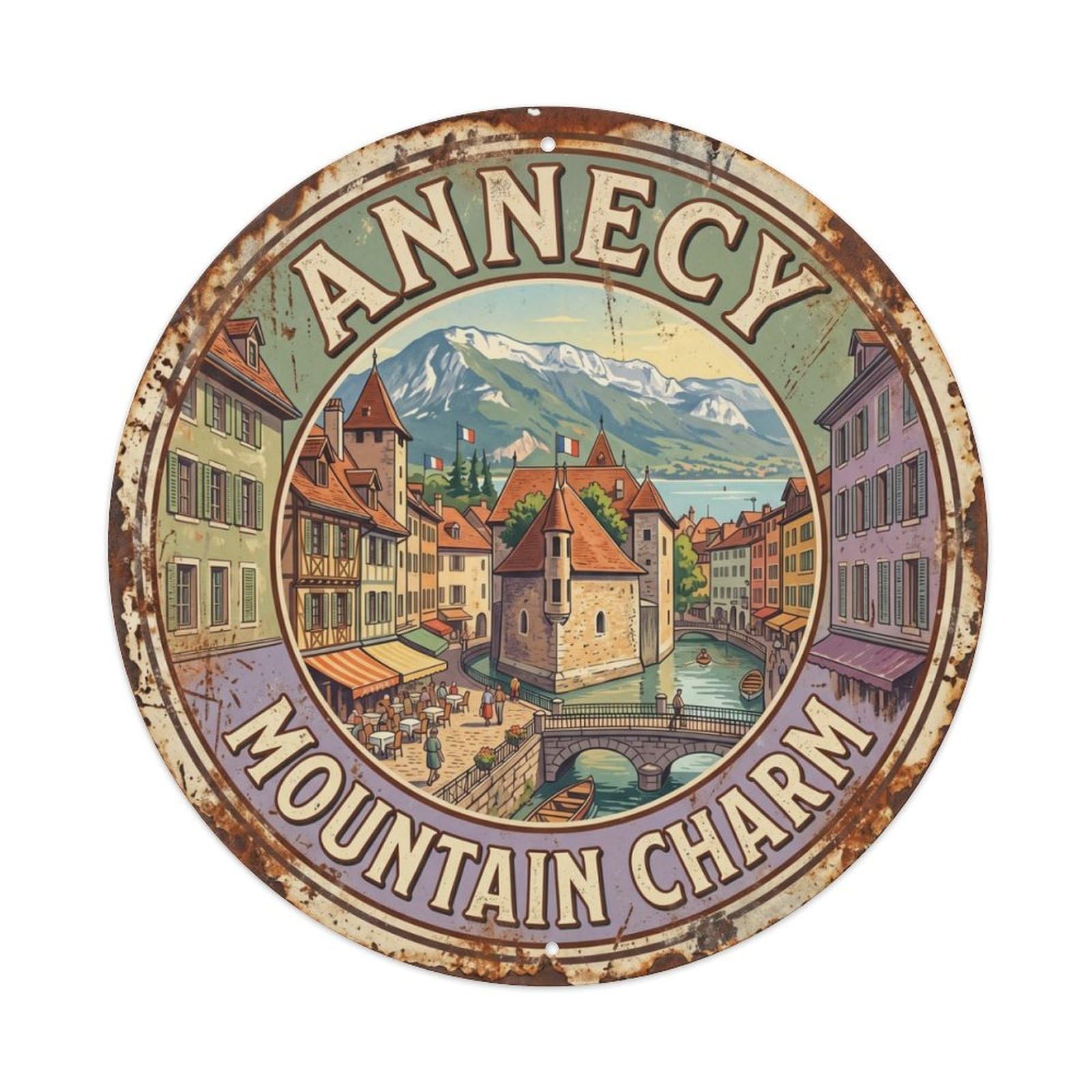 Vintage Travel Annecy Medieval Quarter Metal Tin Sign Plaque Wall Decor for Cafe, Club, Garden Round Metal Poster 8x8Inch