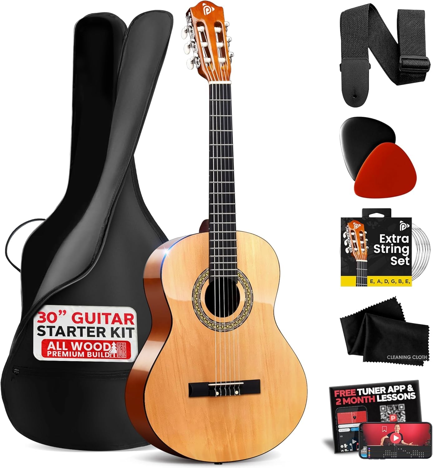 Chitarra acustica classica per principianti, 76,2 cm, 1/4 Junior 6 corde, in legno di tiglio, con custodia, accordatore, corde in nylon, plettri, cinghia, per principianti e adulti