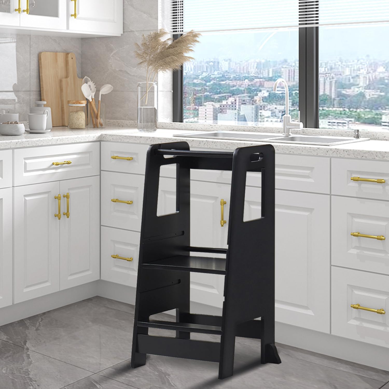 Kid's Wooden Kitchen Step Stool, Adjustable Platform Standing Tower, with Safety Guardrail Child Studying Tower, Toddler Stool for Bathroom, Cooking Helper（Black）