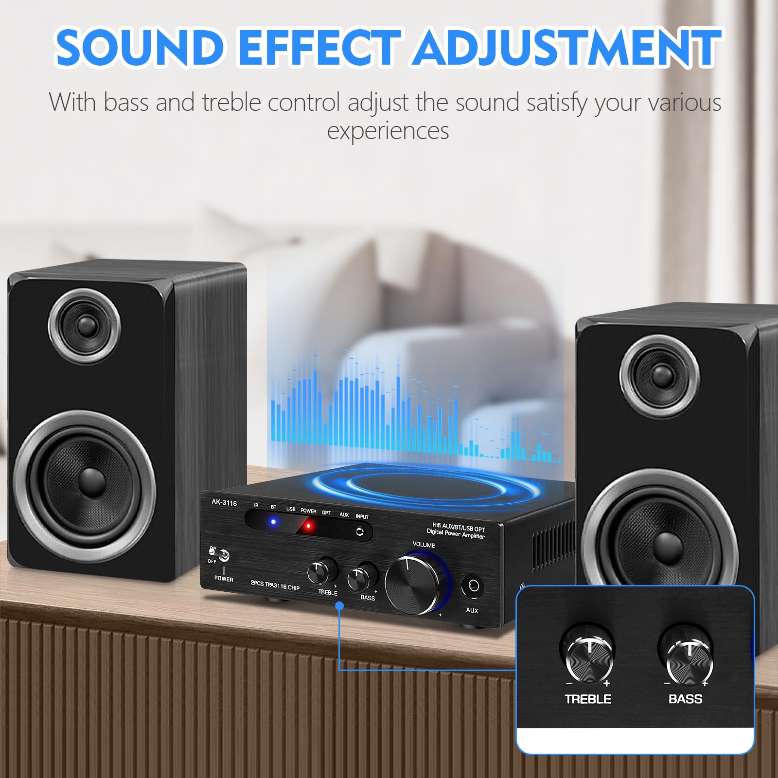 Wzmacniacz HiFi z Bluetooth 5.0, AK-3116 Mini Stereo wzmacniacz audio | 2.0-kanałowy 100 W x 2 odbiorniki cyfrowy wzmacniacz mocy klasy D z chipem TPA3116, USB, AUX, wejście BT