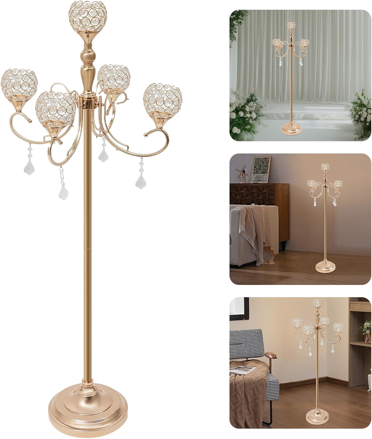 5-Arm Crystal Candle Holder Elegant Metal Candelabra with Crystal Beads, Weighted Base, Centerpiece for Wedding Party Home Dining Table (Gold, 49.21 Inch)