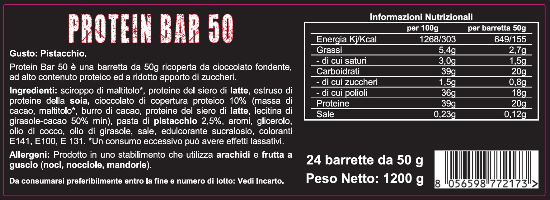 Barrette Proteiche Protein Bar 50 FlorioSport - 24 Barrette da 50g ricoperte - Senza Zuccheri Aggiunti - 40% di Proteine del Siero del Latte Whey. Peso Netto 1200g (Pistacchio)
