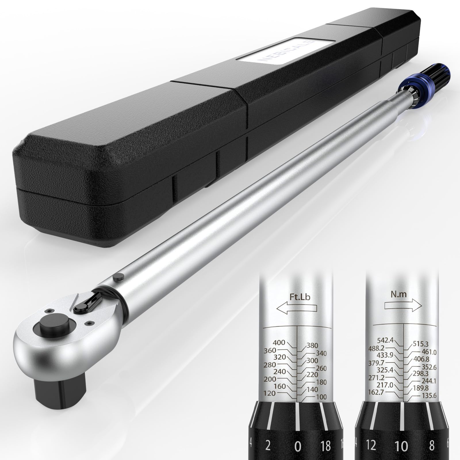 NEBICALS 3/4'' Inch Drive Torque Wrench 100-400 Ft Lb / 135-542 N.M / 29.1'' Length/Heavy Duty/Professional/Dual Direction/Alloy Aluminum Handle/Cr-Mo
