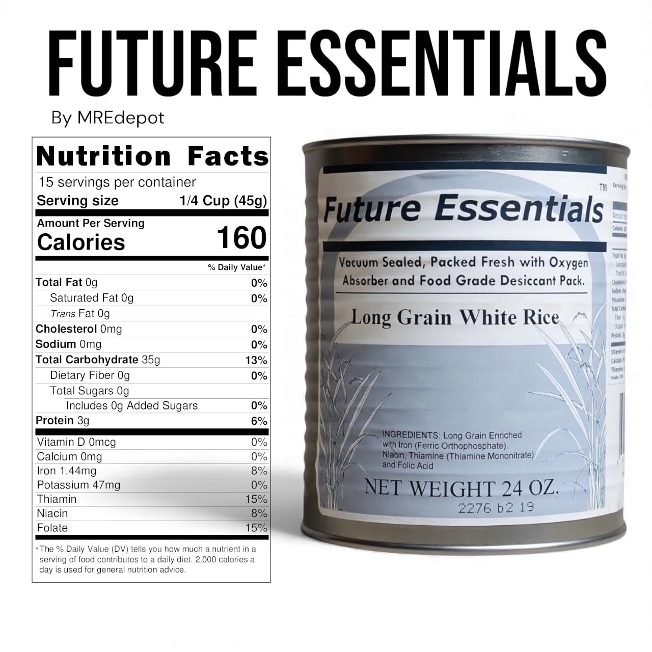 Future Essentials Long Grain White Rice – USA Grown, Uncooked White Rice with 25-Year Shelf Life – Shelf-Stable, Vacuum-Sealed Emergency Food – 24 oz #2.5 Can (Pack of 12)