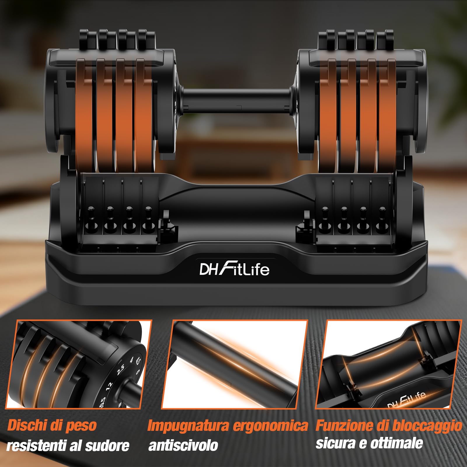 DH FitLife 12kg/25kg Manubri Regolabili, Set Manubri Componibili con 10 Pesi in 1, Manubri Regolabili Salvaspazio per Allenamento a Casa