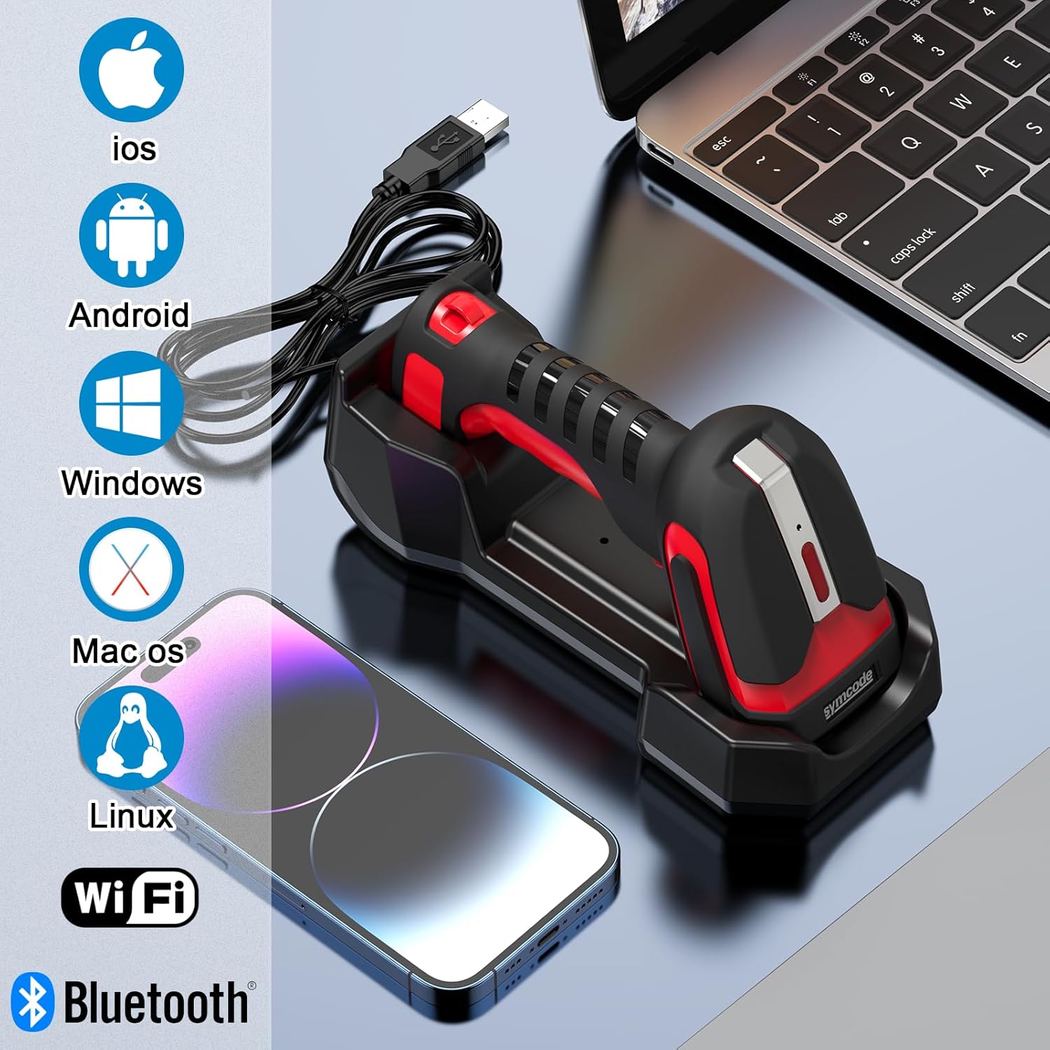 Symcode 2D QR Industrial Barcode Scanner with Wireless Charging Stand, Rugged Heavy Duty 2000 Feet Transmission Distance 433Mhz 2-in-1 Bluetooth & Wireless Hands-Free Barcode Reader for Laptop Tablet image 7 of 9 B0CZMWVSYD