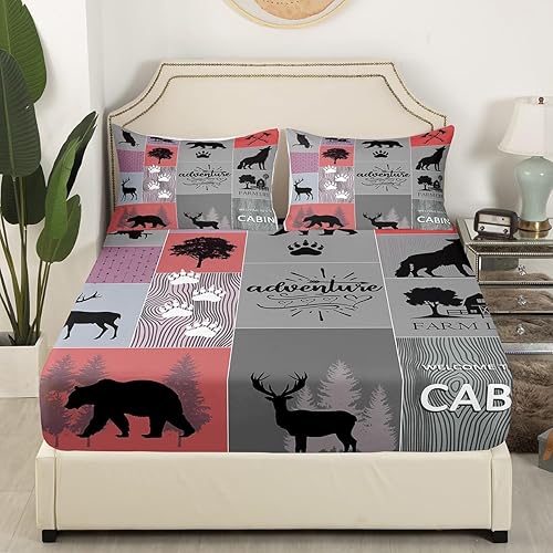 Miniatura 3 de Manfei Sábana bajera ajustable de aventura, tamaño matrimonial, funda de cama de retazos con 2 fundas de almohada, juego de ropa de cama rústica de