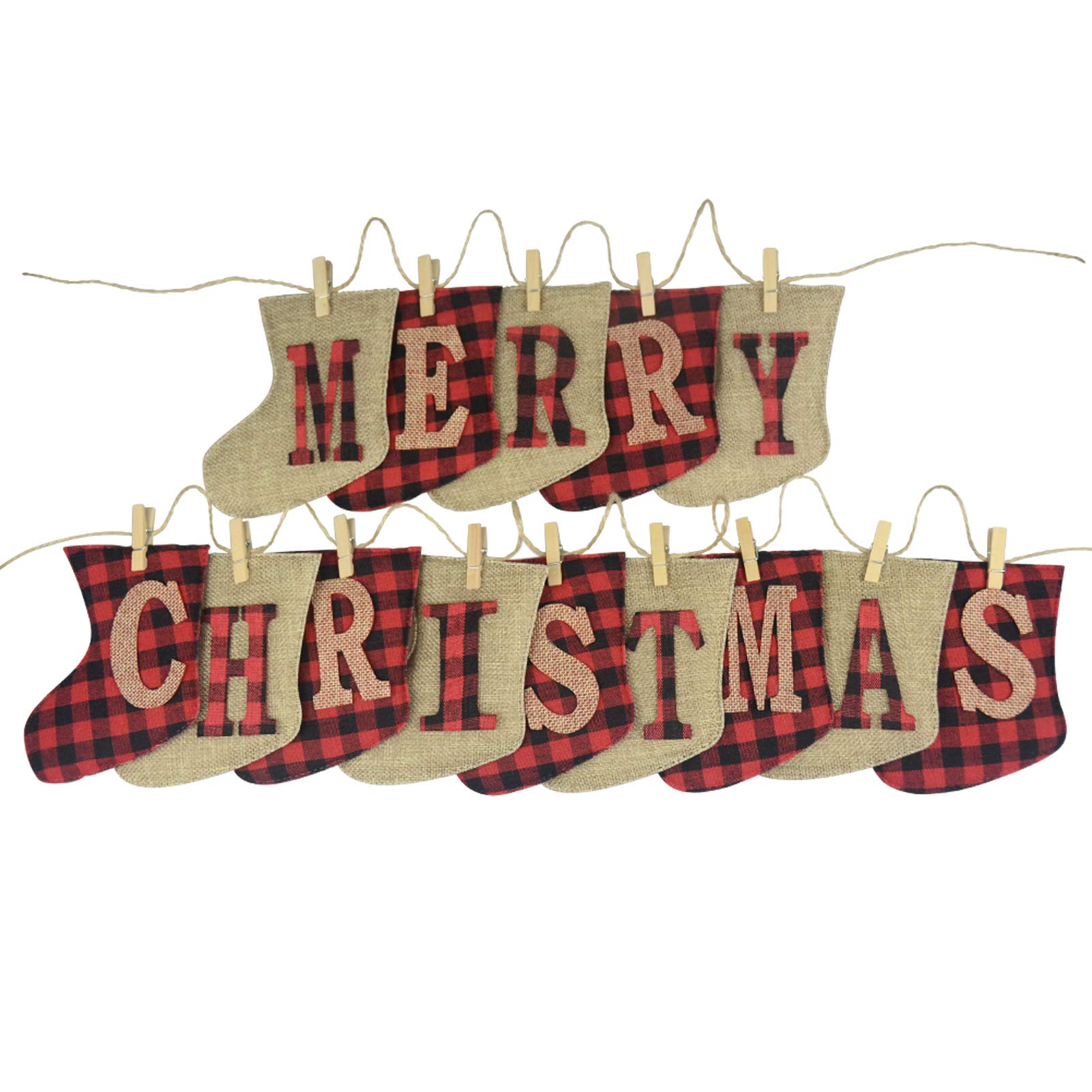 Hongsome Merry Christmas Banner Plaid Burlap Sock Shaped Merry Christmas Unique Small Hand-Sewn Decoration Hanging Firepalce Banners for Tree,Door,Wall,Office,Classroom,Home, Plaid&Burlap