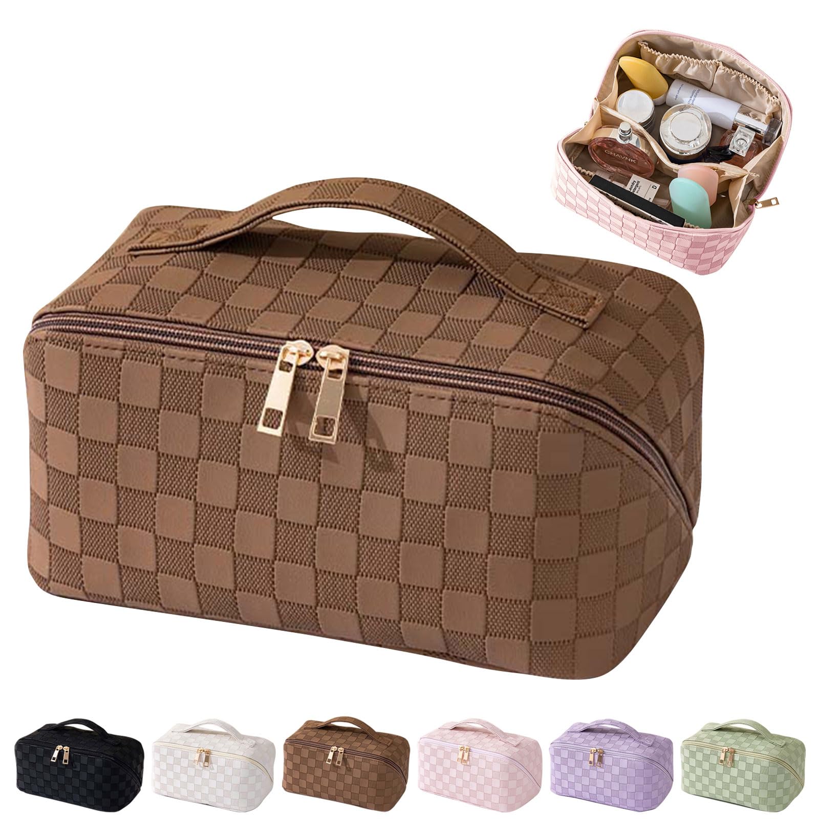 MINGRILarge Capacity Travel Cosmetic Bag for Women,Portable PU Leather Checkered Makeup Bag Water Resistant,Flat Open Multifunctional Storage Toiletry Bag with Divider and Handle (Brown)