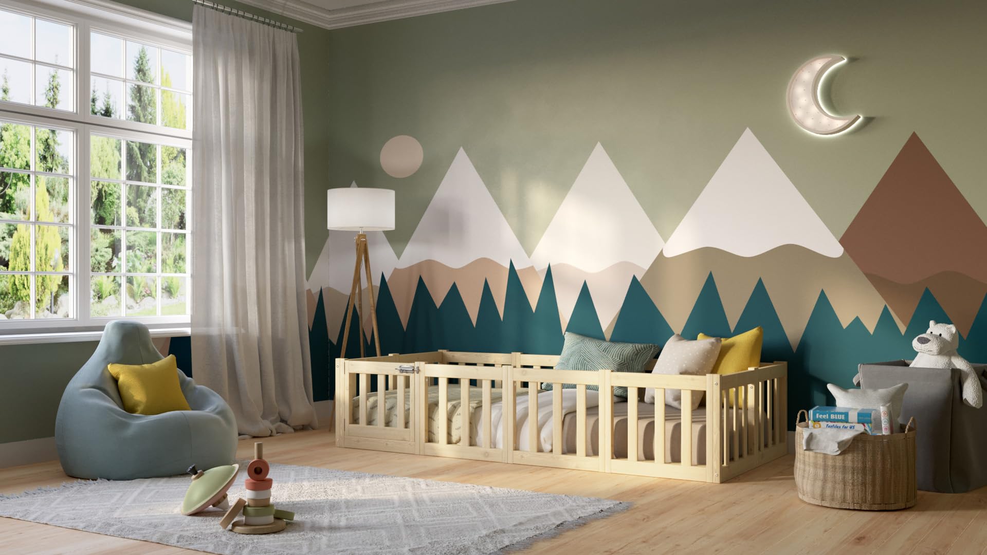 Kinderbett 140x180 cm – Montessori Bodenbett mit Rausfallschutz 40cm und Öffnbarer Barriere - Natürlichem Holz mit Glatter Oberfläche - Perfekt für Jungen und Mädchen Crazy Johnny