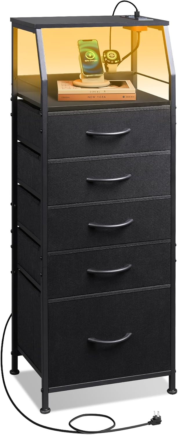wlive led nightstand with charging station, fabric dresser with 5 drawers for bedroom, tall night stand with open shelves, bed side tables living room, black