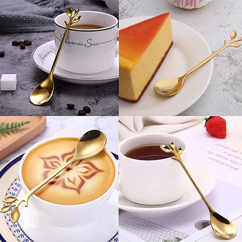 Miniatura 6 de AnSaw 6 cucharas de té de mango largo de hoja dorada de 6.5 pulgadas + 10 cucharas de café pequeñas doradas de 4.7 pulgadas, acero inoxidable de