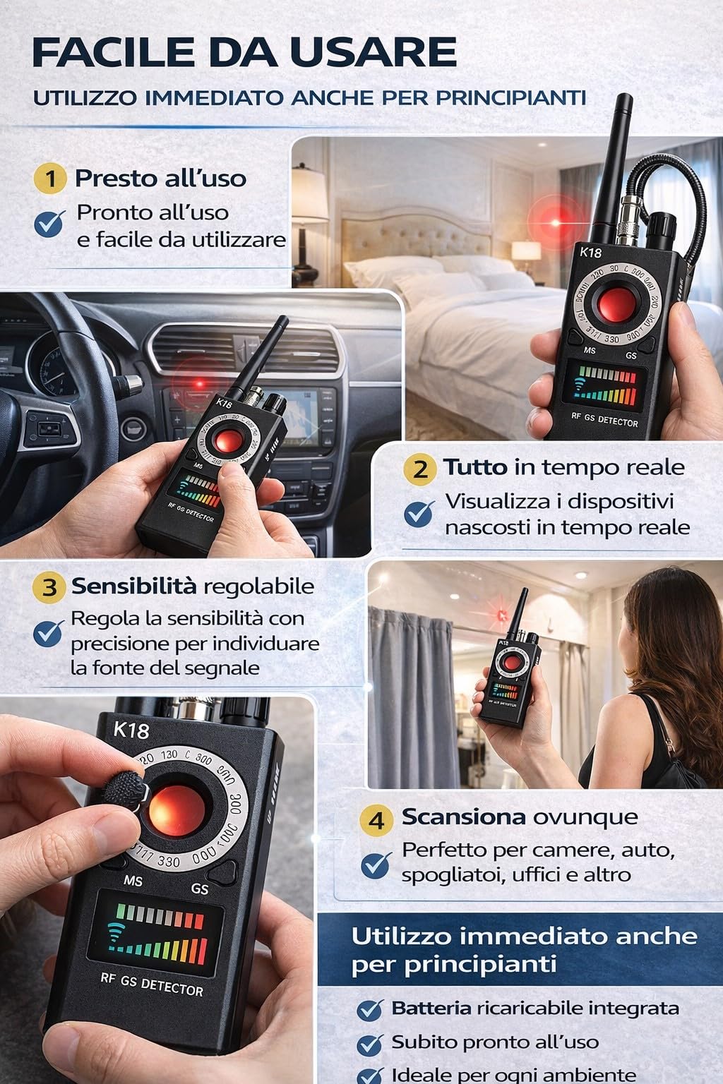 Detector de microespías K18 Anti Spy Detector RF GPS Cámaras Ocultas 1MHz-8000MHz Sensibilidad Ajustable Batería Recargable Portátil - CW1023