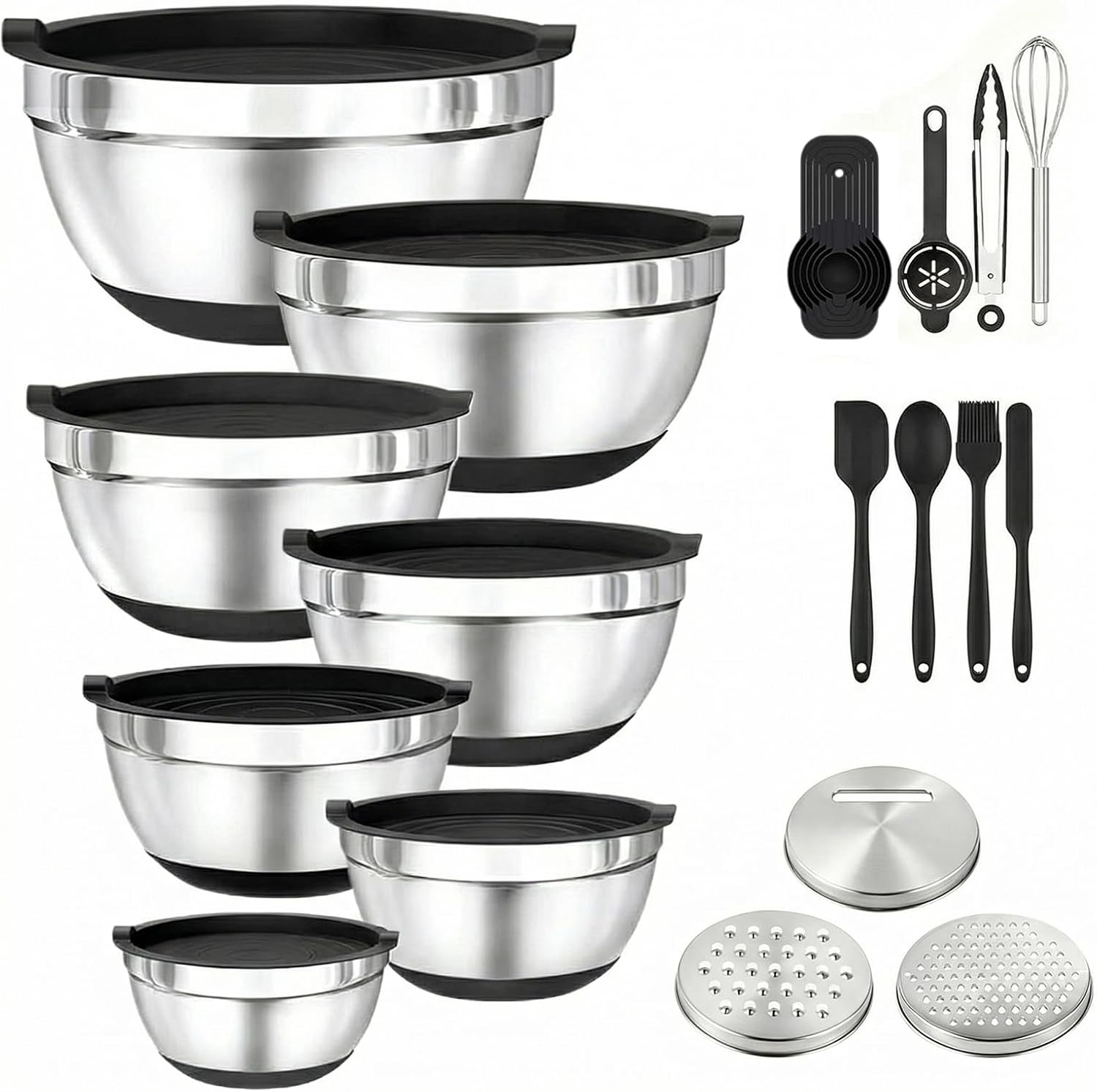 Mixing Bowls with Airtight Lids Set Stainless Steel Metal Salad Bowls with Grater Attachments & Kitchen Gadgets Non-Slip Mixing Bowl Set for Baking, Prepping, Serving