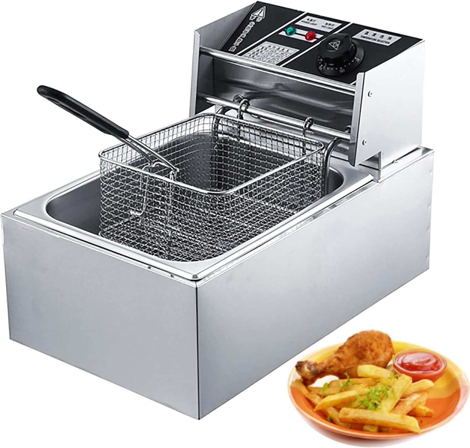 Electric Fryer with Basket and Lid, Commercial Stainless Steel Frying Machine, Countertop French Fryer with Temperature Control for Home Kitchen Restaurant(10L)