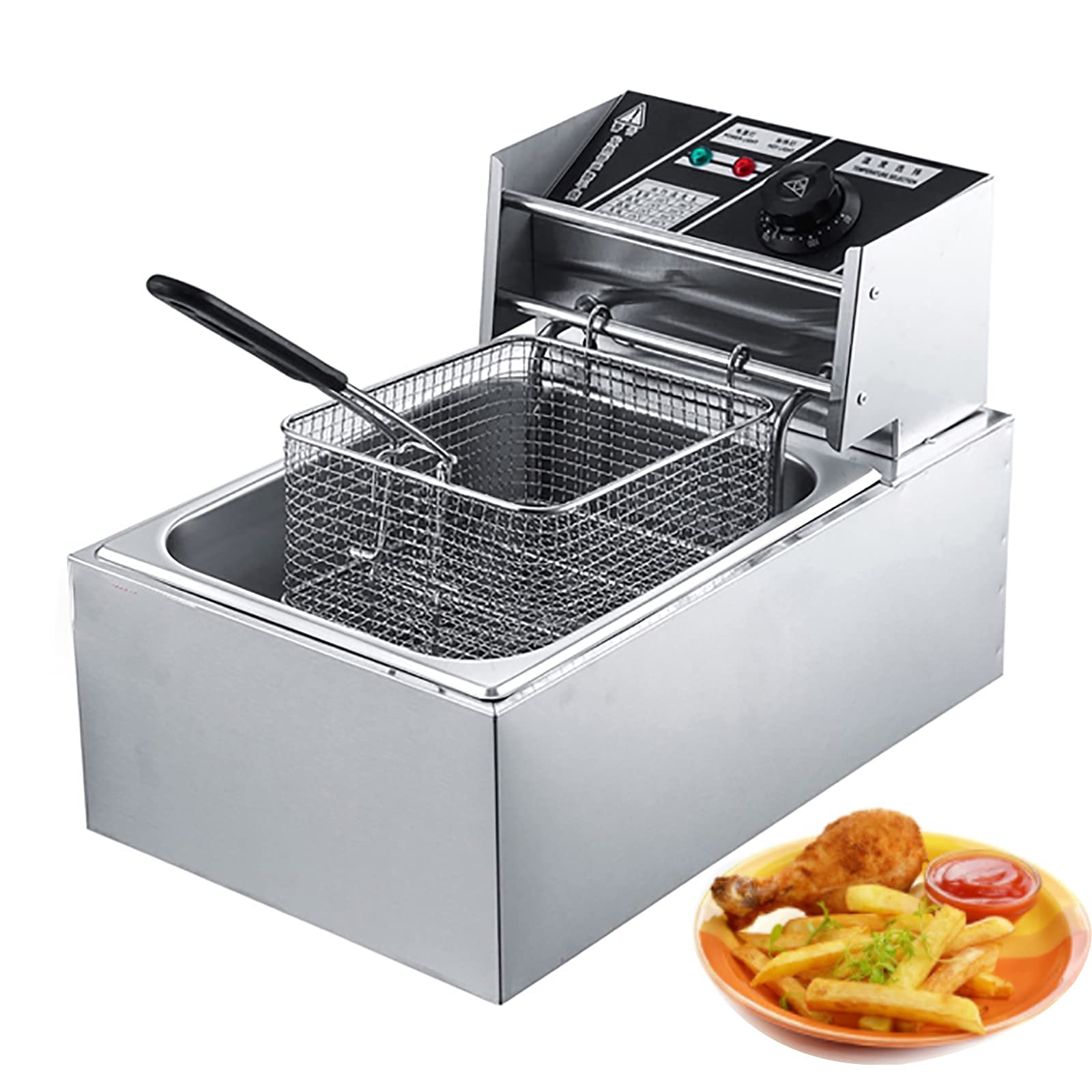 AYCDL Electric Fryer with Basket and Lid, Commercial Stainless Steel Frying Machine, Countertop French Fryer with Temperature Control for Home Kitchen Restaurant,10L,10L