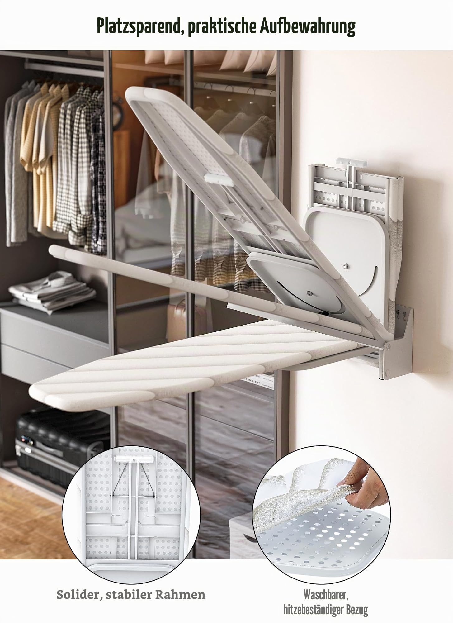 Nisorpa Bügelbrett zur Wandmontage, 94 x 33 cm, zusammenklappbar, um 180 ° drehbar, mit hitzebeständigem Bezug in der Wand, platzsparend, für Waschküche zu Hause