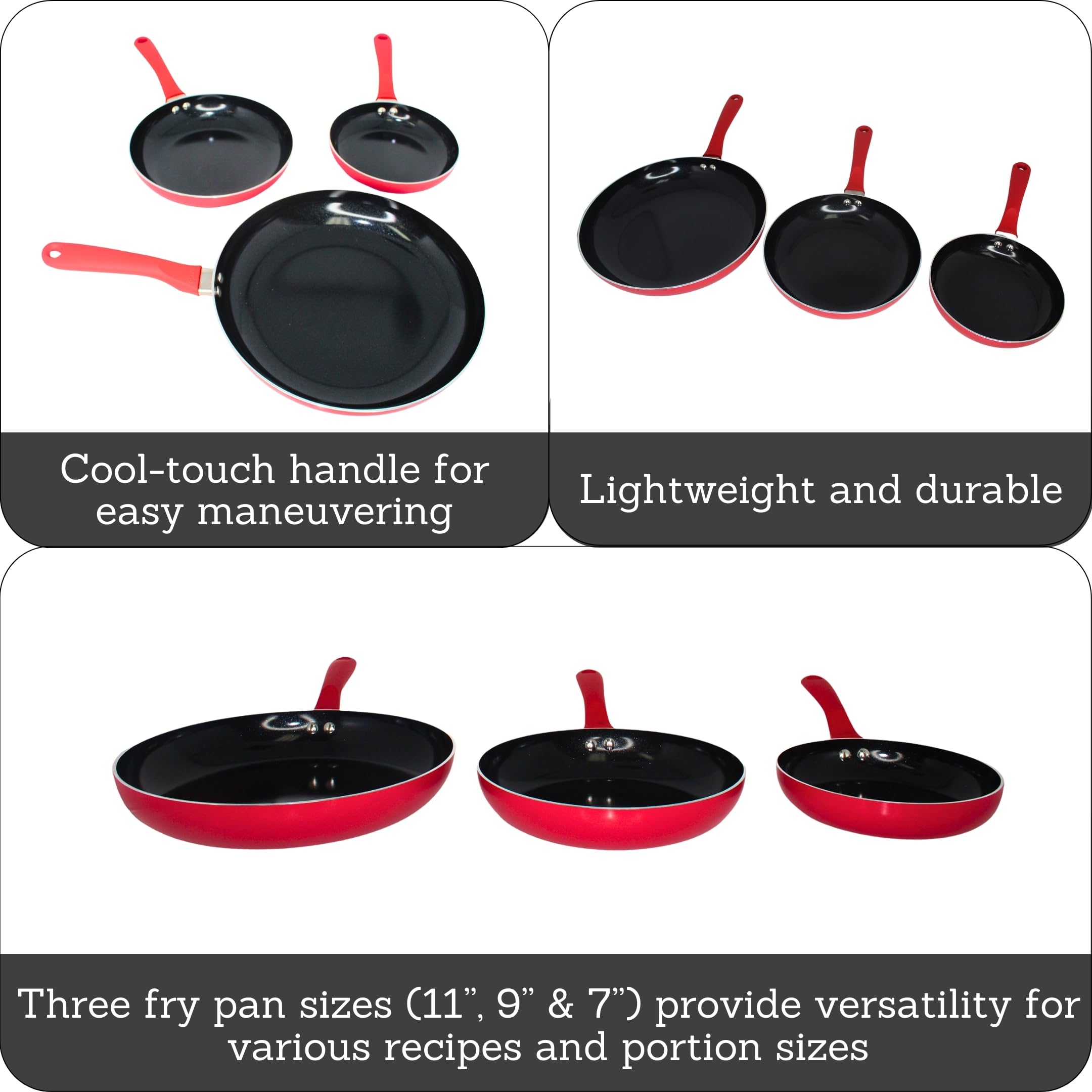 IMUSA Nonstick Ceramic Cookware Set 3-Piece 7in/9in/11in, with Stay-Cool Handles, Aluminum, Red