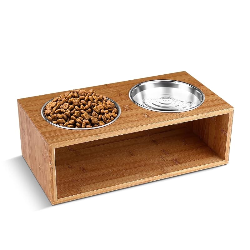 Comedouro Elevado para Cães e Gatos Flexzion com Suporte de Bambu e Tigelas de Aço Inoxidável, Pacote com 2