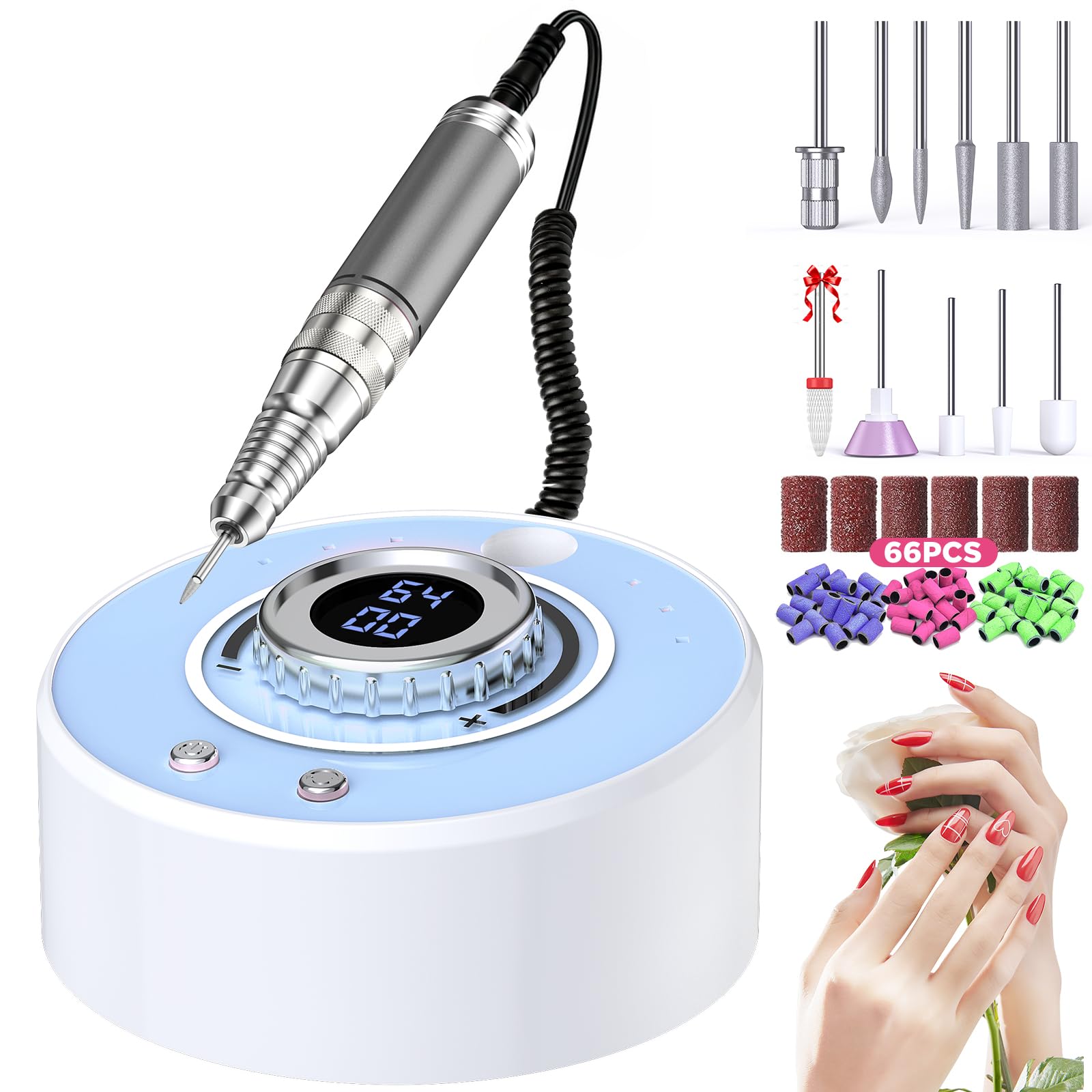 Perceuse à ongles électrique professionnelle 40 000 tr/min portable et rechargeable avec 12 forets et 66 anneaux de rechange, lime à ongles sans fil pour façonner, polir, enlever les ongles