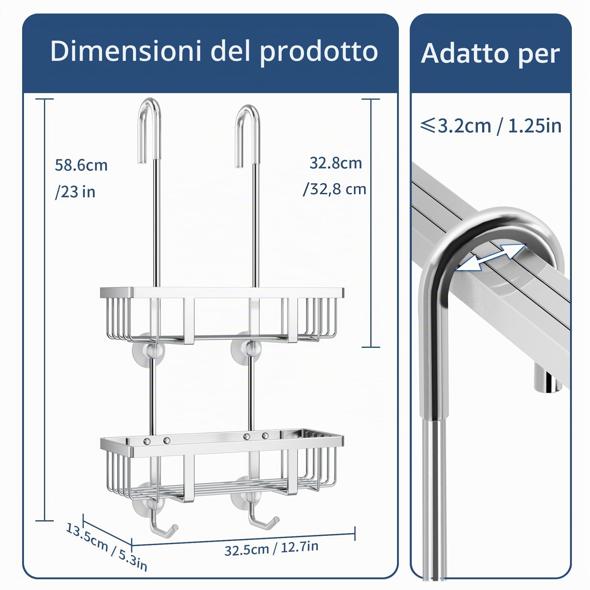 Pickpiff Mensoladoccia da appendere, mensola shampoo, supporto in vetro, cestino senza foratura, shampoo, supporto in gel, in acciaio inox, argento, altezza 57 cm