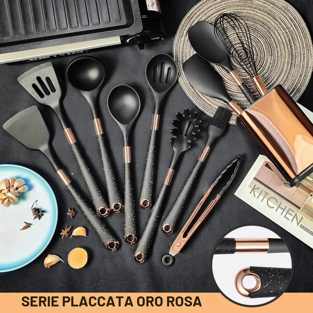 Set di utensili da cucina in silicone Set di utensili antiaderenti for spatola da cucina resistente al calore con manico e supporto placcati in oro rosa Utensili Cucina(Beige-012-1)