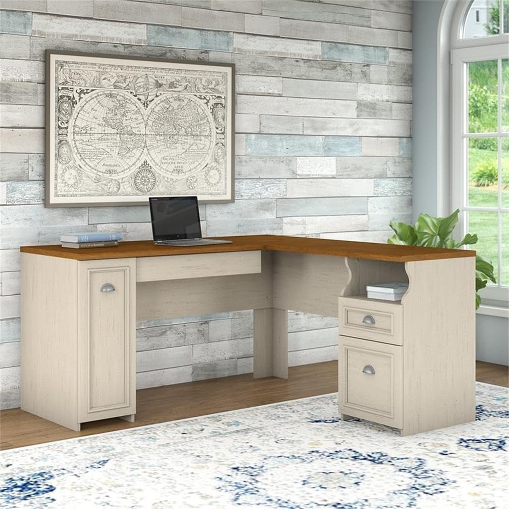Scranton & Co Farmhouse Engineered Wood L Shaped Desk, Antique White Finish, 59 in x 59 in, Tea Maple Accents, Space-Saving Home Office Desk with Storage, Keyboard Tray, Adjustable Shelf