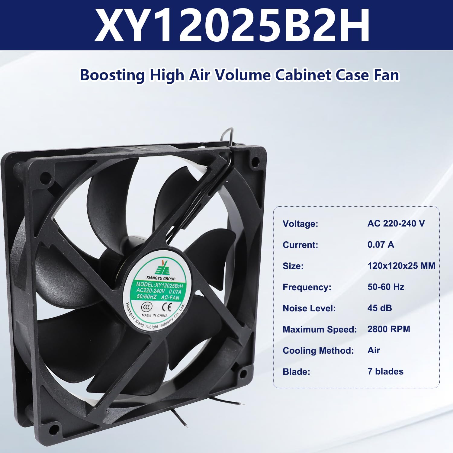 XY12025B2H EC 12025 Ventilador de refrigeración, XY-12025B2H 220-240V 0.07A Piezas de repuesto para gabinete de alto volumen de aire, 50/60Hz, tamaño: 120×120×25mm, 7 aspas de ventilador (2 piezas)